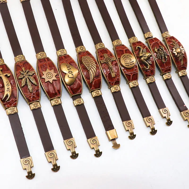 brown bracelets Винтажные 12 шт./партия, смешанный череп, Крест Иисуса, Скорпион и т. Д., разные стили, Леопардовый принт, мужские кожаные очаровательные ювелирные браслеты - Окраска металла: brown bracelets