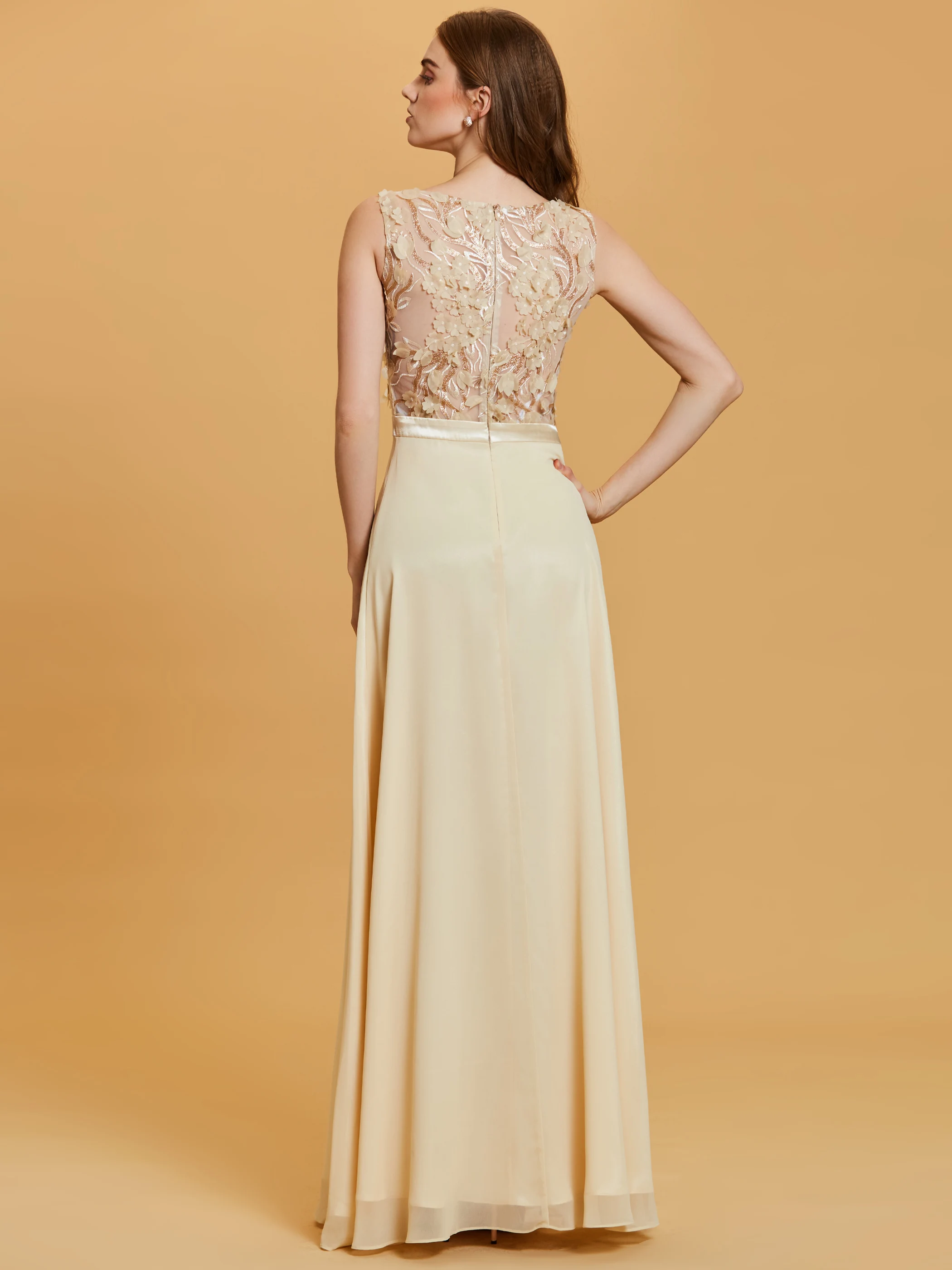 Sequins Long Evening Dress Women Daffodil Flower Sleeveless A Line Formal Prom Party Dress Elegant Scoop Zipper Robe De Soiree