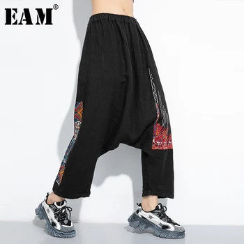

[EAM] High Elastic Waist Black Pattern Printed Big Size Harem Trousers New Loose Fit Pants Women Fashion Spring Autumn 2020 1T29