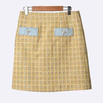 

Women Plaid A-line Mini Skirt 2020 New Spring Summer Back Zipper Slim Ladies Yellow Tweed High Waist Skirts