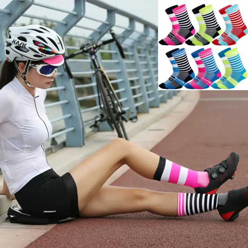 Новинка, профессиональные спортивные носки для велоспорта, для мужчин и женщин, Компрессионные носки для шоссейного велосипеда, для горного велосипеда, Лоскутные Полосатые носки, гоночные носки
