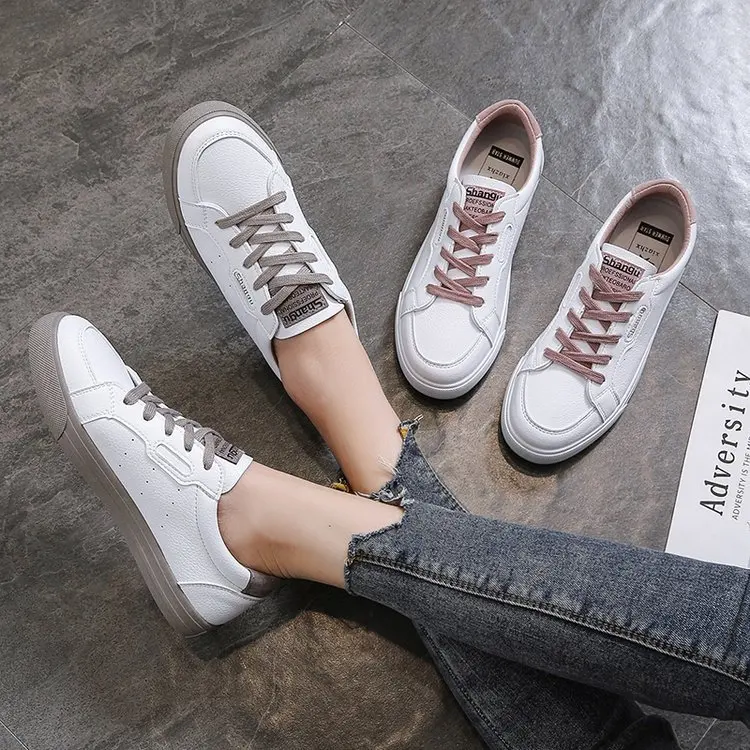 

White Shoes Women's 2020 Spring New Style Korean-style round-Toe Pu Simple Casual Shoes Lace up Front Flat Top Shoes Women's Sho