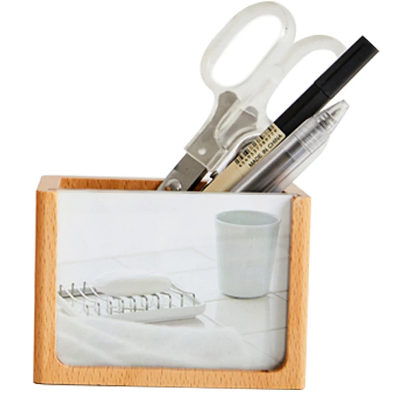 Creative Wooden Photo Frame Pen Holder Multifunction Home Office Storage Box Pencil Case Picture Frame Decoration