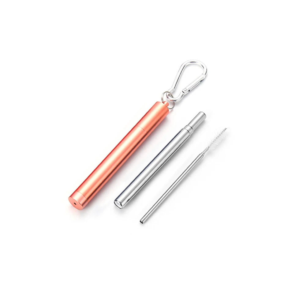 Складная телескопическая соломинка из нержавеющей стали, чехол в форме ручки, карабин, многоразовая металлическая соломинка для путешествий, пикника, посуда для напитков