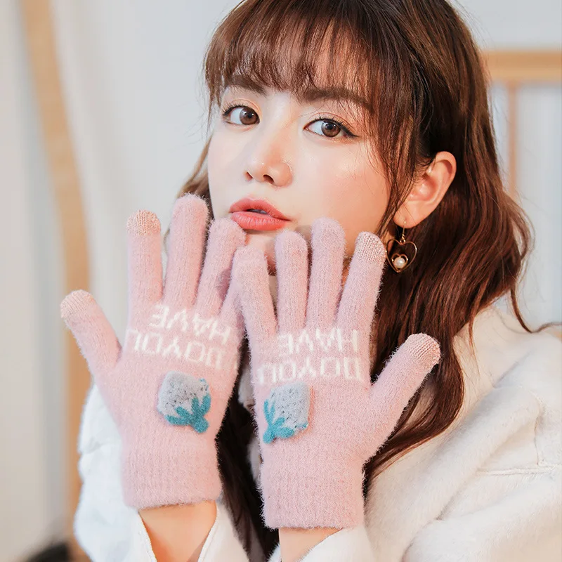 

Women's Winter Knitted Gloves Faux Wool Cute Strawberry Touch Screen Full finger Gloves Thicken Warm Outdoor Winter Skiing Glove