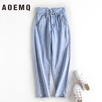 

AOEMQ Casual Pants Can Light Wash Girdle High Waist Pants Button Belt Breasted Blue Jeans Women Buttoms for Spring Clothing