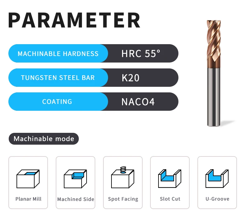 Hartmetall-schaftfräser HRC55 4 Flöten Fräser Legierung Beschichtung Wolfram Stahl Schneidwerkzeug CNC Bearbeitung Schaftfräser CNC Fräser – Detail 2