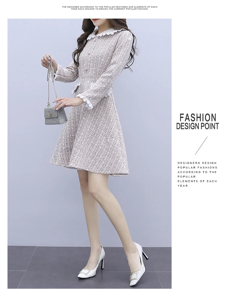 HAMALIEL, осенне-зимнее твидовое бальное платье,, модное женское платье с воротником Питер Пэн, лоскутное кружево, клетчатое шерстяное платье с высокой талией