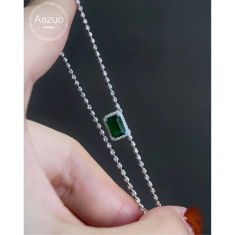 Aazuo 18K Solid White Gold Real Diamonds Natrual Emerald 0.80ct Classic Square Necklace Gift For Women Engagement Party Au750