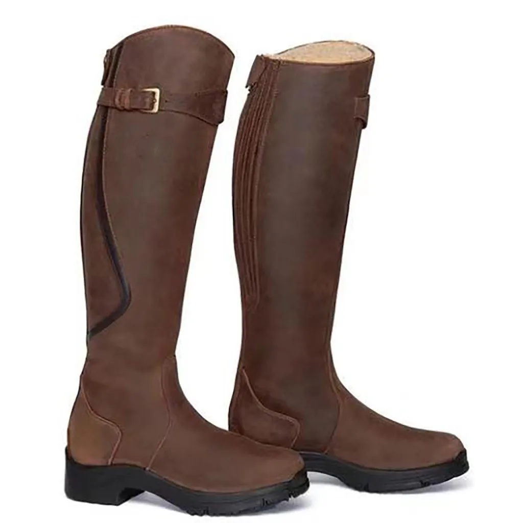 Зимние сапоги до бедра; цвет коричневый; женские винтажные сапоги до колена на квадратном каблуке и молнии; теплые сапоги с круглым носком и пряжкой; botas mujer;#1022