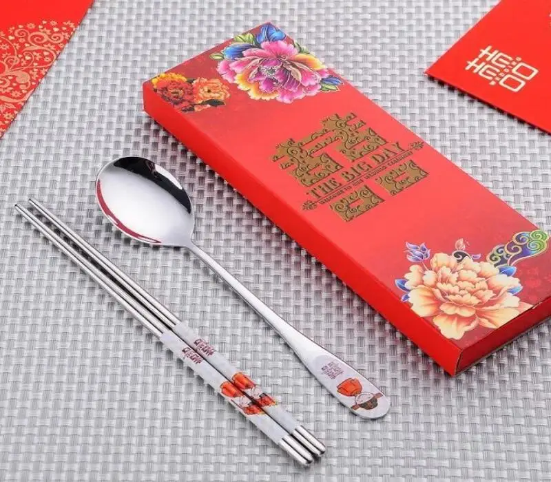 Wedding Party Gifts Double Happiness Red Color Stainless Steel Dinnerware Spoons Chopstick Sets LX8288