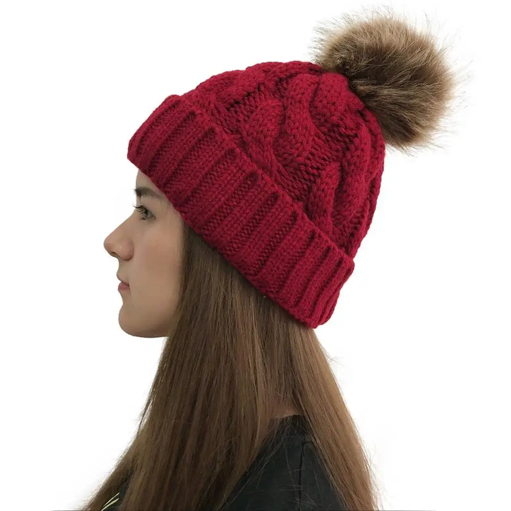 E New Simple Winter Hat Wool Fur Beanie Outdoor Plush Ball HatsKnit Beret Beanie Cap Winter Skullies Warm Gorros Female Cap - Цвет: E