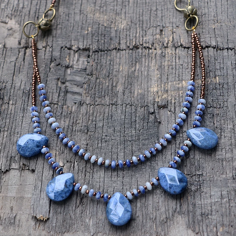 Blue Jaspers Teardrop Pendant Choker Necklace Women Natural Stone Handmade Multi-layers Boho Jewelry | Украшения и аксессуары