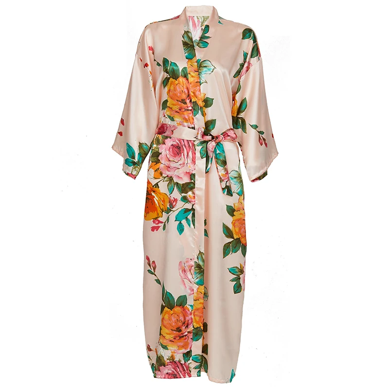 satin Long Floral Robe Kimono robe Silk Satin Flower Bathrobe Night
