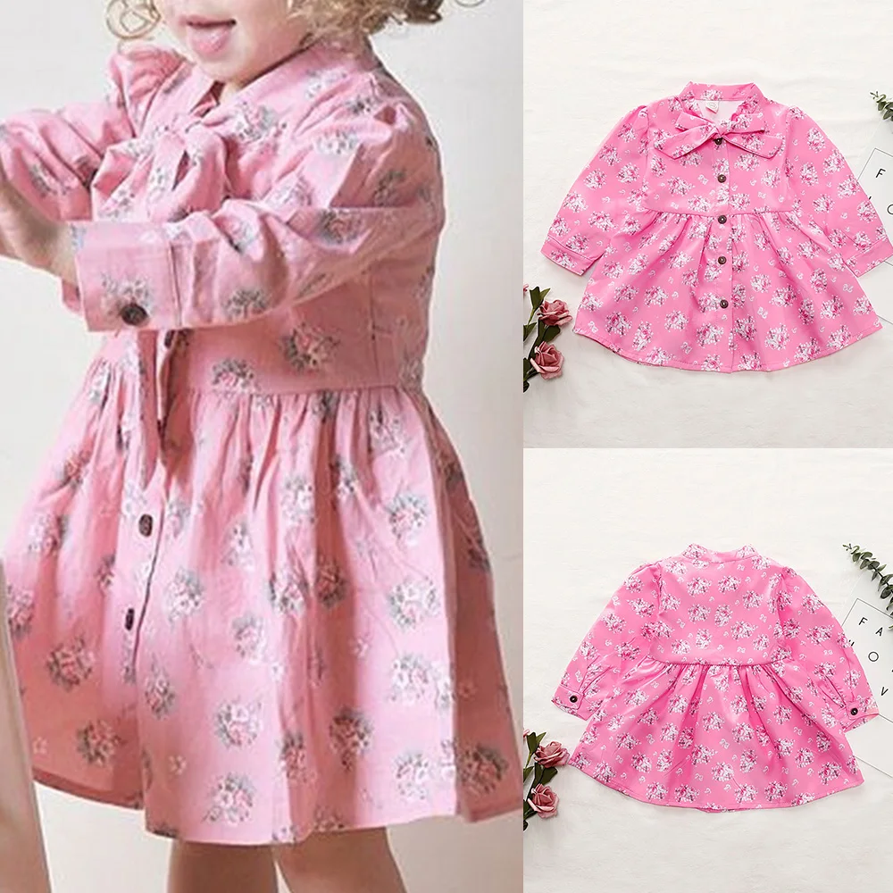 Children Girl Dress Long Sleeve Floral Printed 1-6 Years Toddler Shirt Pink Button Autumn Kids D30 | Детская одежда и обувь