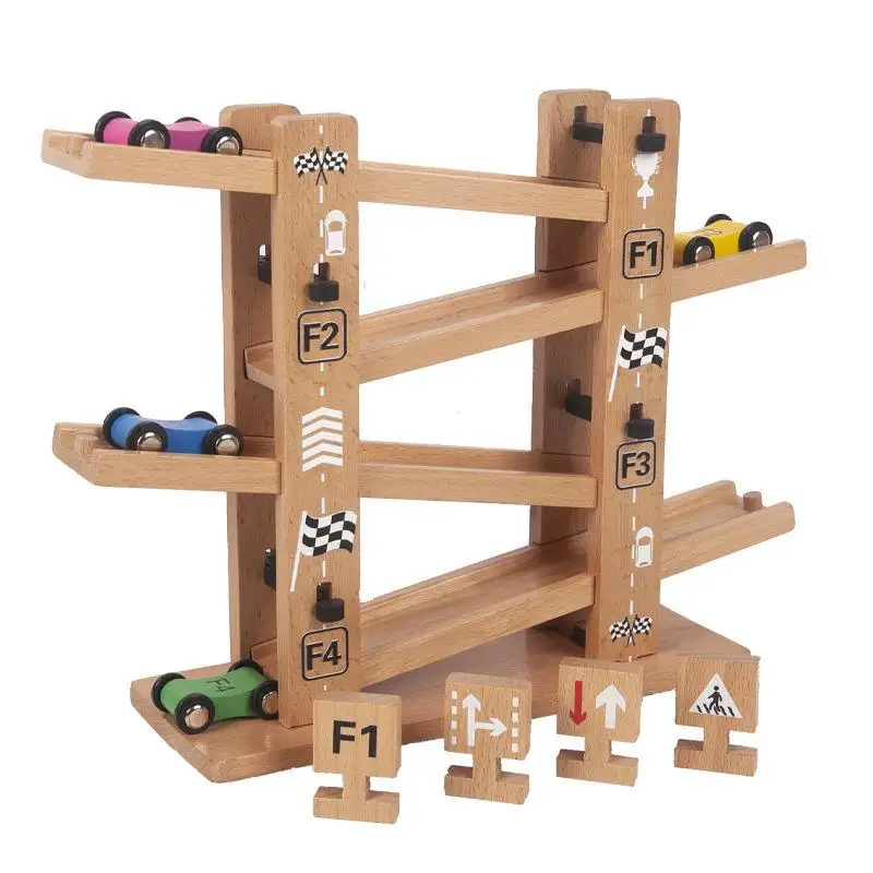 Escalera de madera Montessori para niños, deslizamiento de carros, pista de ranura de madera, juguetes educativos, modelo de vehículos, juguete deslizante