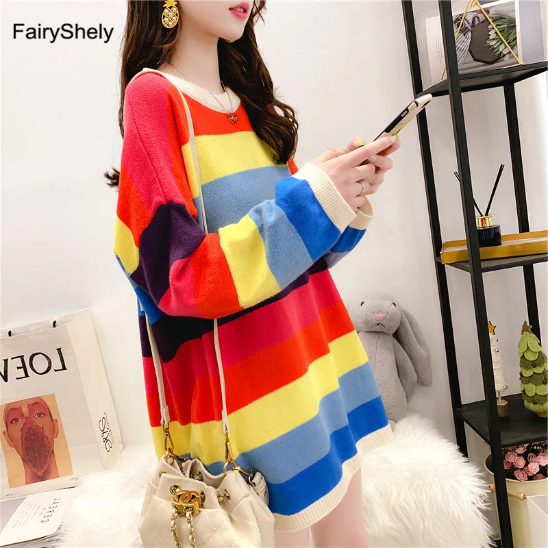 

FairyShely Rainbow Sweater women Long sleeve streetwear ladies outwear jumper coat Casual female Girls winter Pullover sweater