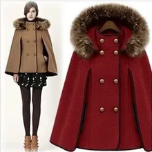 Модное шерстяное пончо, пальто, женское, меховой воротник, с капюшоном, шерстяная куртка, Осень-зима, плащ, куртка, Свободный плащ, накидка, верхняя одежда