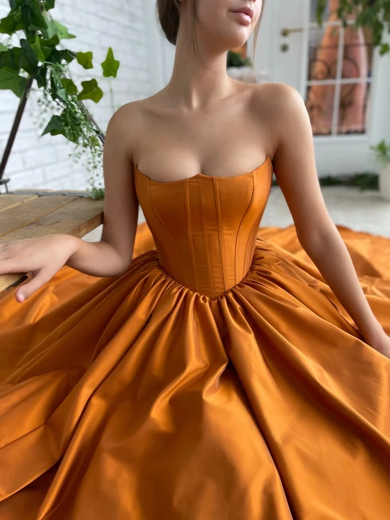 plus size gowns Orange Moroccan Evening Dresses A-line Straplesss Satin Slit Long Luxury Turkey Dubai Saudi Arabia Long Prom Dress Gown Teuta evening wear