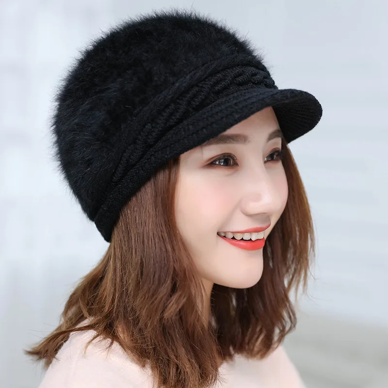 Модные женские вязаные береты из кроличьего меха, повседневная осенне-зимняя шапка, женские шапки Boina Feminino - Color: Black