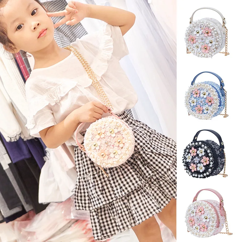 Toddler Kids Mini Chain Round Pearl Bag Baby Girls Pink Tweed Crossbody Bag Fashion Wool Flower Handbag for Teens Shoulder Purse (4)