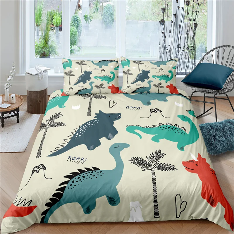 Luxury 3D Cartoon Dinosaur Print 2/3Pcs Kids Bedding Sets Comfortable Duvet Cover Pillowcase Home Textile Single/Queen/King Size 