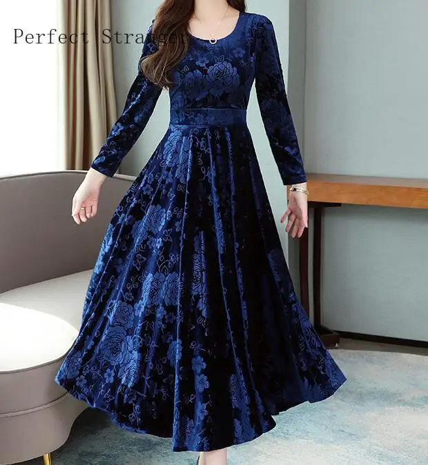 Beste 2019 Herfst Winter Nieuwe Collectie Hoge Kwaliteit Plus Size M 3XL Ronde Kraag Bloem Gedrukt Lange Mouwen Vrouw Lange Fluwelen Jurk