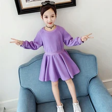 Платье-свитер для девочек Однотонные Детские платья трапециевидной формы на весну-осень для девочек с длинными рукавами и круглым вырезом, детский костюм для подростков