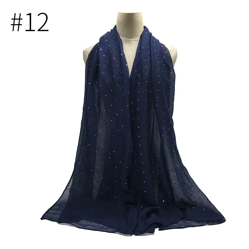 12 navy blue Модная одежда из вискозы Хиджабы шарф леди элегантный оголовье простые Блестящие Блестки Мусульманский Хиджаб Женский хлопок исламский шарф мягкий глушитель 1 шт - Цвет: 12 navy blue