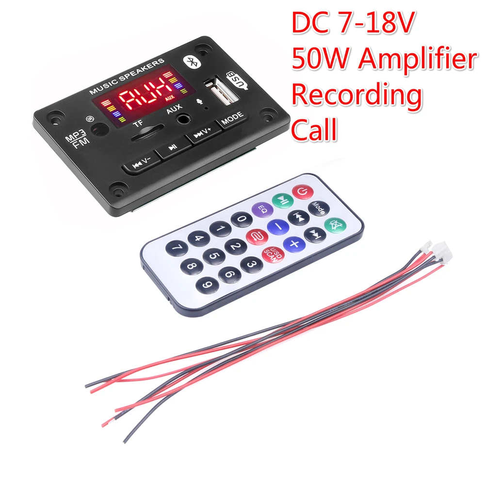 50W Amplifier MP3 Decoder Board 7-18V Bluetooth V5.0 Car MP3 Player USB Recording Module FM AUX Radio For Speaker Hands-free