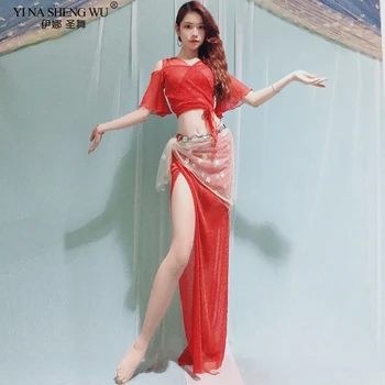

Belly Dance Costume New Silver Silk Mesh Women Practice Suits Top+Long Skirt Hip Scarf Sexy Eastern Dance Dress Performance Sets