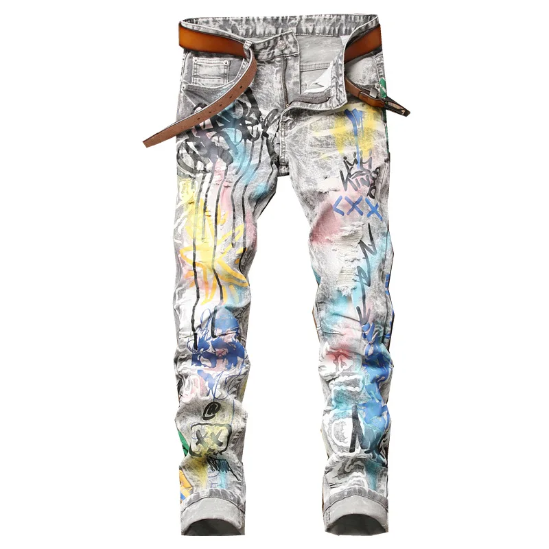 

2021 Men's Fashion Splash Ink Colorful Printed Jeans Men Streetwear Cotton Denim Pants Slim Male Casual Jean Pantalon Hombre