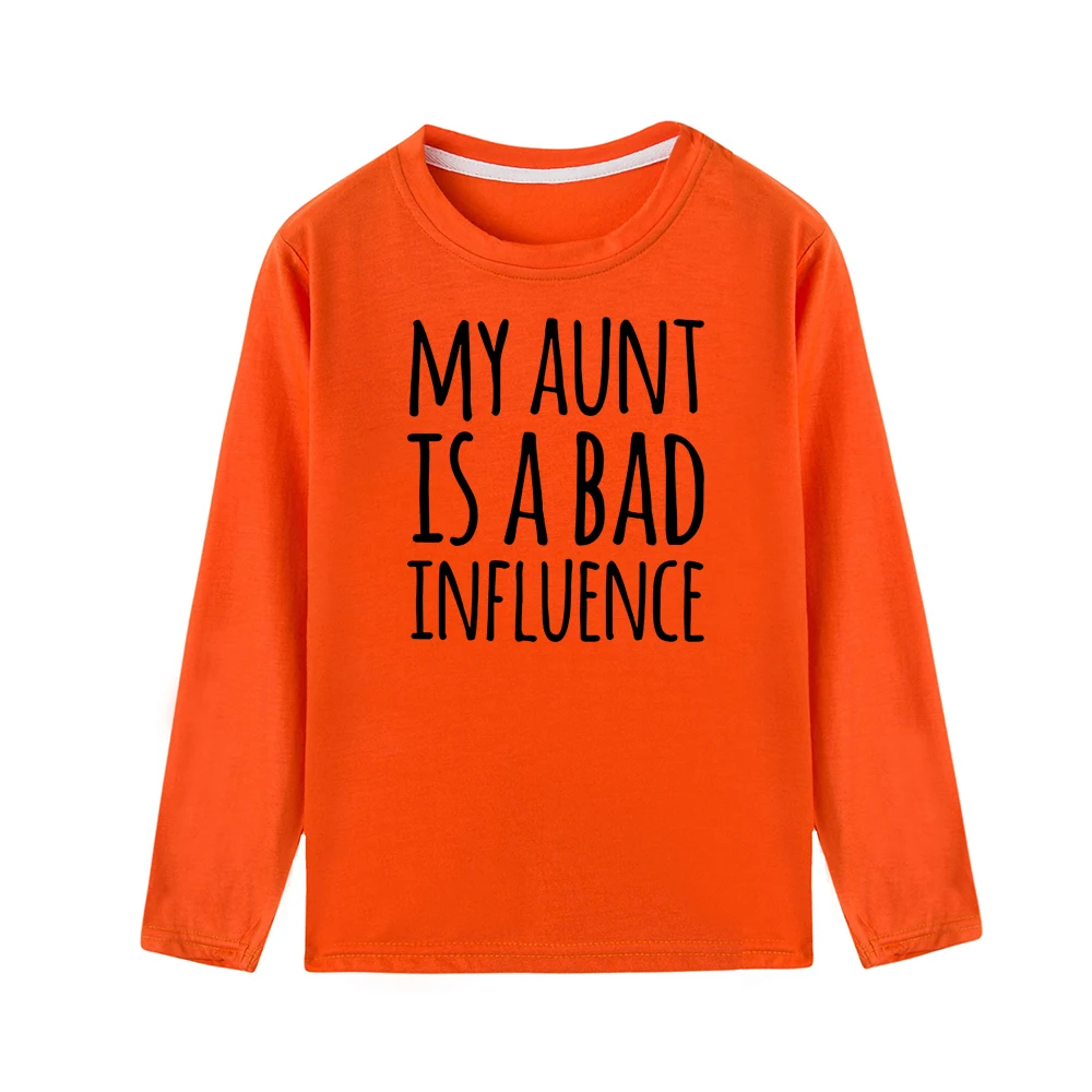 Осенне-весенняя Детская футболка с надписью «My Aunt Is A Bad Influence» Забавная детская футболка с длинными рукавами модные футболки для мальчиков и девочек, топы, одежда