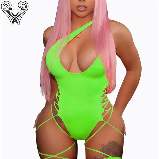 US $11.89 Lace Up Side Garter Neon Swimsuit Tanga One Shoulder Bathing Suits 2019 Female Swimming Suit For Wo