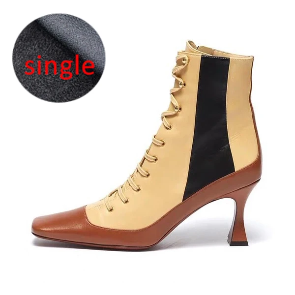 Apricot Single Женские ботинки из натуральной кожи; модная обувь на высоком каблуке; женские ботильоны на шнуровке; зимняя обувь с квадратным носком; Брендовые женские ботильоны - Цвет: Apricot Single