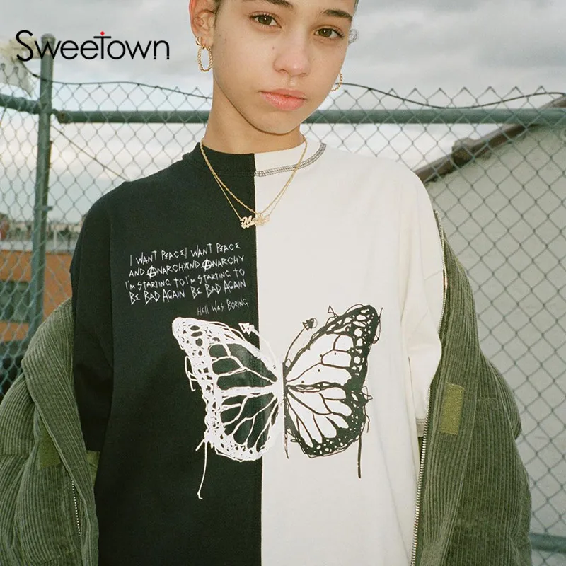 Повседневная Свободная Женская футболка Sweetown уличная одежда в стиле хип-хоп с
