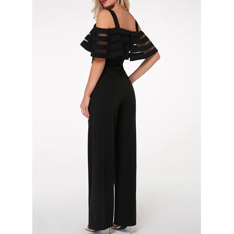 Plus Size Long Wide Leg Romper Overlay Embellished Black Strappy Cold Shoulder Jumpsuit Loose Solid Jumpsuit