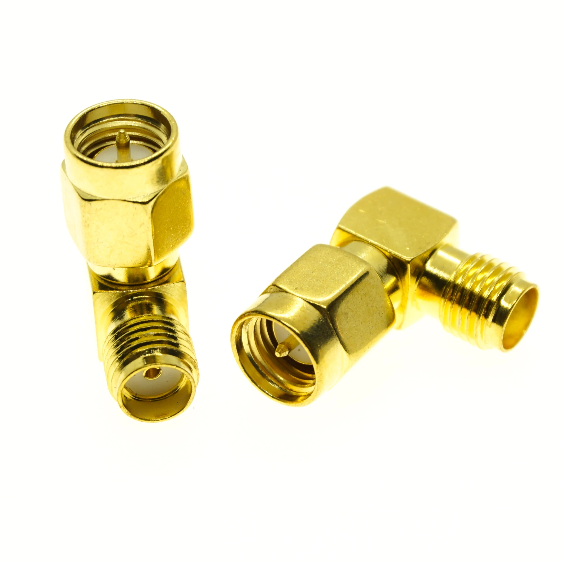 Conector de SMA a SMA, conector macho a hembra, adaptador RF de Latón chapado en oro, ángulo recto de 90 grados