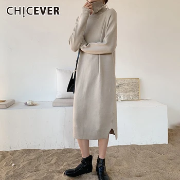 

CHICEVER Korean Knitted Dress For Women Turtleneck Long Sleeve Large Size Loose Casual Midi Female Dresses 2020 Autumn Fashion