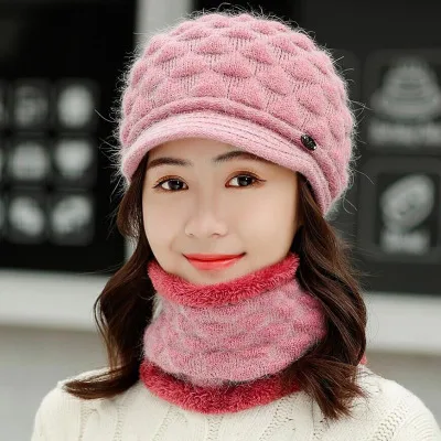 Двухслойный дизайн зимние шапки для женщин теплая кроличья Меховая кепка вязаная шапка шарф шапочки береты НОВАЯ шапка s - Цвет: pink