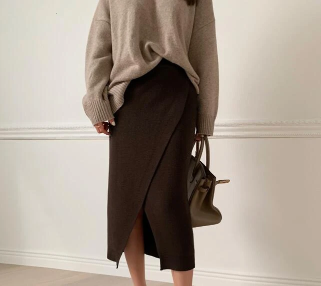 Goedkoop Vrouw Herfst Effen Kleur Verdikking Breien Rok Hoge Taille Split Midi Warm Rokken Beige Koffie Gebreide Rok