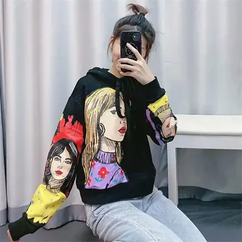 

Women Spring Loose Hat Guard Printed Sweatshirts Casual Long Sleeve Short Hoodies Lady Cool Pullover