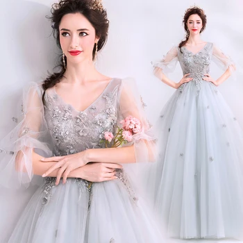 

Princess Grey Prom Dresses 2020 Hot Sale Flower Lace Appliques Beaded Ball Gown Half Sleeves V Neck Floor Length Lace Up Evening