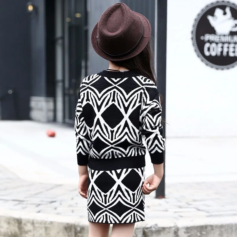 Girls Clothing set Autumn Girls Clothes Long Sleeve Plaid Knitted Sweater Skirt Suit Children Costume Kids Tracksuit 10 12Y