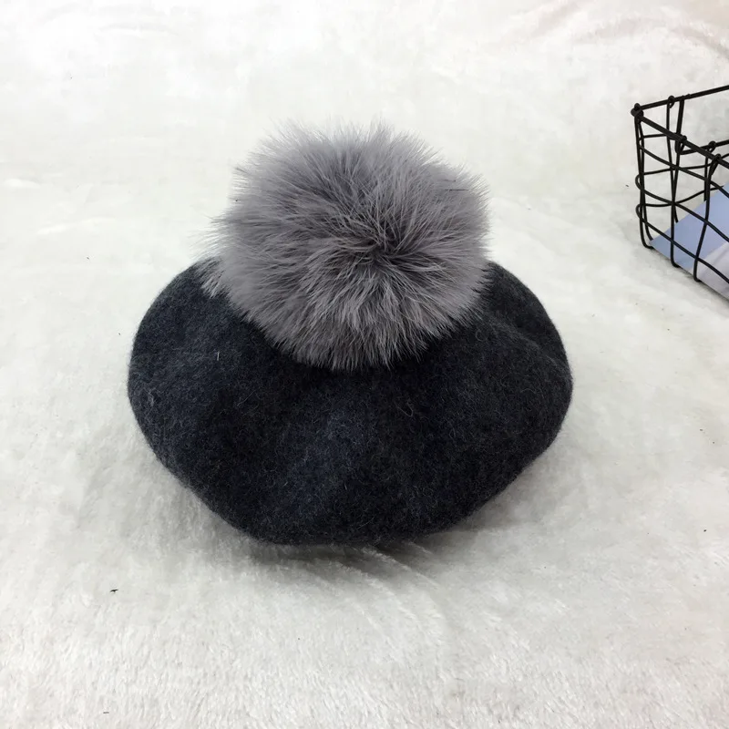 Autumn Winter Thick Wool Beret Women New Fashion Octagonal Cap Super Large Fox Fur Pompom Ball Painter Hat