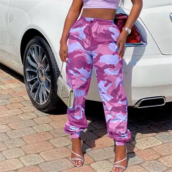 

Women Stacked Sweatpants Camo Drawstring Loose Jogger Trousers Polyester Camouflage Print Streetwear 2020 Cargo Pants Overalls