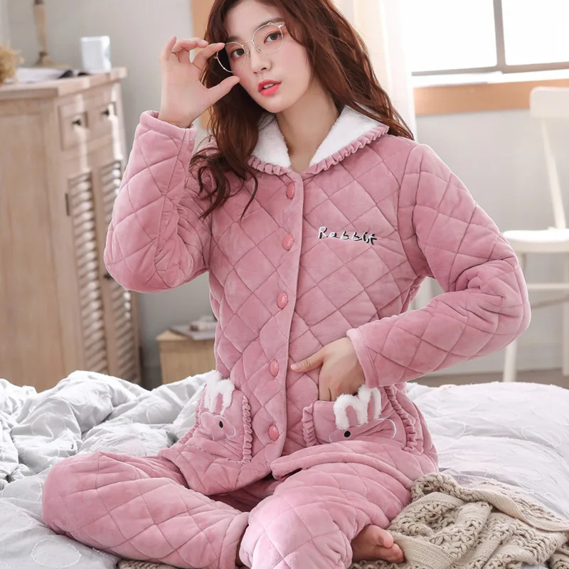

Coral Velvet Three Layer Padded Pajamas Women's Autumn & Winter Thick plus Velvet Warm Autumn And Winter Flannel Tracksuit 3007