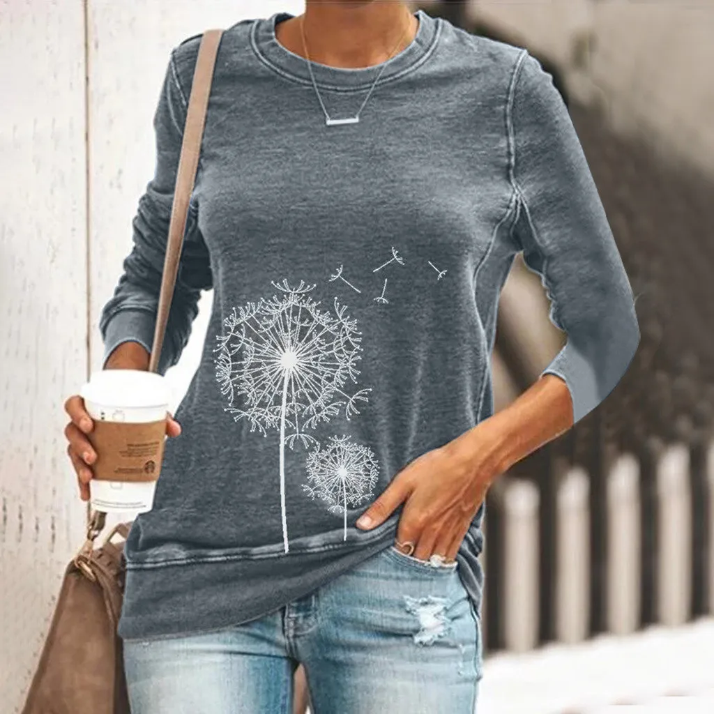 Серый Jaycosin модная Осенняя женская Свободная Толстовка с принтом одуванчика и круглым вырезом стильная удобная Повседневная блуза с длинными рукавами 108#10 - Цвет: Серый