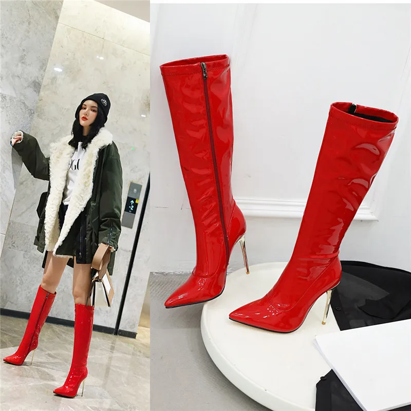 

YQBTDL 2022 Autumn Winter Sexy High Heels Stiletto Boots Patent Black White Red Pointed Toe Mid Calf Long Boots Female Shoes 10