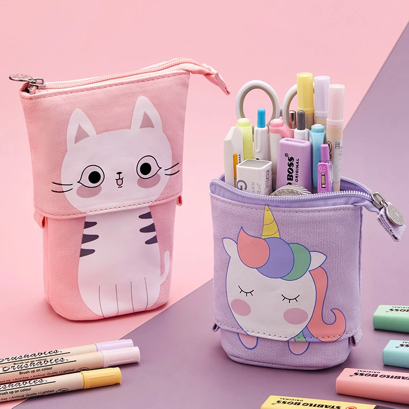 Estuche escolar con forma de gato niños y niñas, estuche de lona con cartucho para bolígrafos, bolsa Kawaii con soporte para bolígrafos de unicornio, suministros escolares| - AliExpress